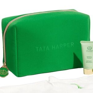 Tata Harper Green Make Up Cosmetic Travel Bag with gold zipper OS